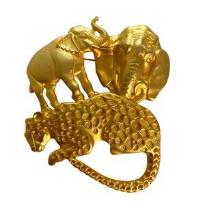 Elephant & Leopard Gold-Tone Metal Animal Brooch Pin